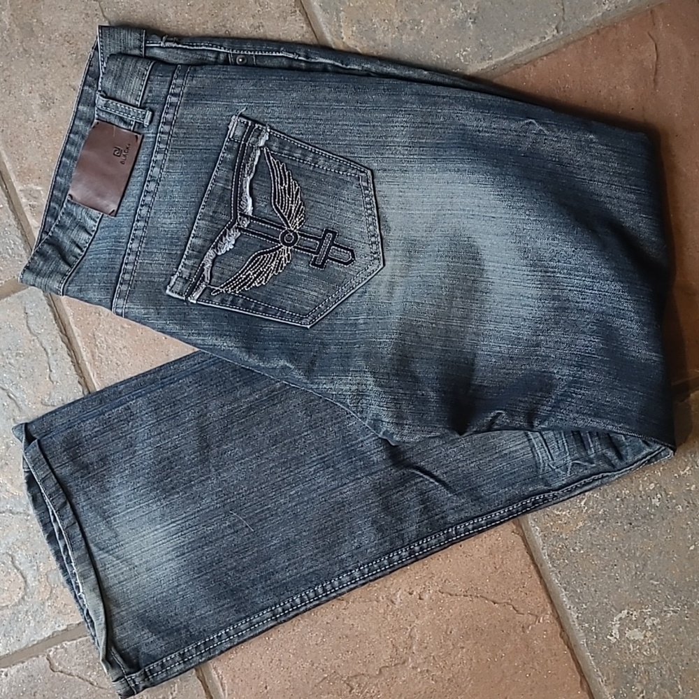CJ Black Mens 34 32 denim blue jean embroidered pockets straight leg